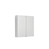 Großes Badezimmer im modernen und minimalistischen Stil mit weißen Möbeln, schwarzer Arbeitsplatte, quadratischen Waschbecken, Spiegelschränken mit Licht, Walk-in-Dusche