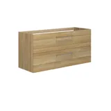 Großes Badezimmer mit einem Waschtisch in warmer Eiche, elegantem Doppelwaschbecken, schönem Spiegelschrank und Duschabtrennung, grünen Fischgrätfliesen für einen raffinierten Look.