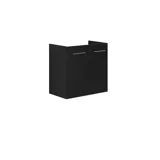 Kleine Badinspiration mit Badmöbeln in schwarzer Struktur mit elegantem Waschbecken, praktischem und stilvollem Dekor und runden Messinggriffen, quadratischem Spiegel mit integriertem Licht für einen modernen Look.