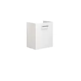 Badezimmer mit schräger Decke, inspiriert durch einen kleinen weißen Waschtisch und einen Hochschrank mit runden schwarzen Griffen, sowie einem schönen runden Spiegel, orangefarbene Fliesen geben einen frischen und modernen Look.