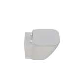 Kleines, stilvolles Badezimmer mit dunkelblauen Wänden, weichen gelben Badezimmermöbeln mit Rillen und elegantem rundem Spiegel mit Lampe.