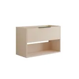 Inspiration für ein Badezimmer mit rosafarbenem Waschtischunterschrank mit eleganten Rillen und schönem Waschbecken, weißen Fliesen an den Wänden und großen beigen Fliesen auf dem Boden, die einen romantischen und femininen Look erzeugen.