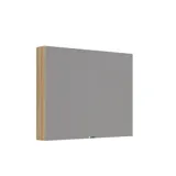 Stilvolle und minimalistische Badezimmereinspiration mit Mikro-Waschtisch und kleinem Waschtischschrank, quadratischem Spiegel mit abgerundeten Ecken und Lampe sowie elegantem Spiegelschrank.