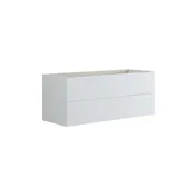 Großes Badezimmer im modernen und minimalistischen Stil mit weißen Möbeln, schwarzer Arbeitsplatte, quadratischen Waschbecken, Spiegelschränken mit Licht, Walk-in-Dusche