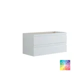 Inspiration für ein großes Badezimmer mit grauem Waschtischunterschrank mit integriertem Griff, stilvollem, seitlich montiertem Waschbecken, quadratischem Spiegel mit abgerundeten Ecken, Wänden in Betonoptik und rohen Materialien für einen urbanen Look