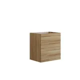 Nordisches Badezimmer aus Holz mit schönen runden Spiegeln mit schwarzen Kanten und viel Stauraum in den Badezimmermöbeln