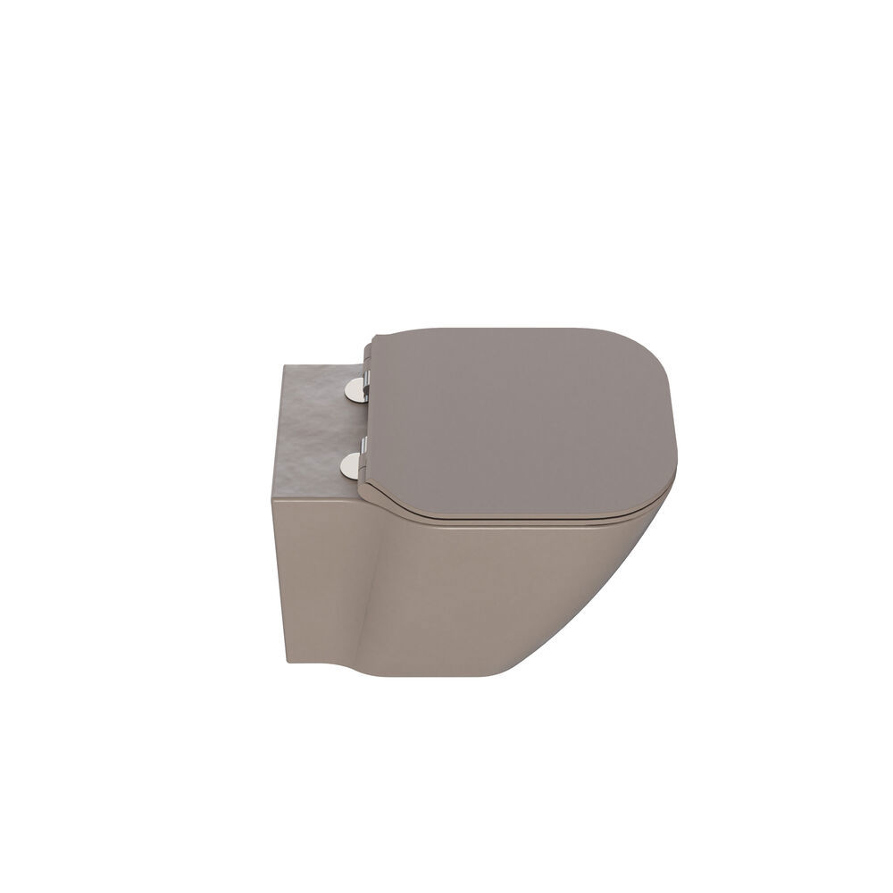 Stilvolle und geräumige Badezimmer Inspiration mit großem rundem Spiegel mit schwarzem Rahmen, dunklem Steinwaschbecken, farbigem WC, Oberschrank und offenem Regal in einem raffinierten und gedämpften Design