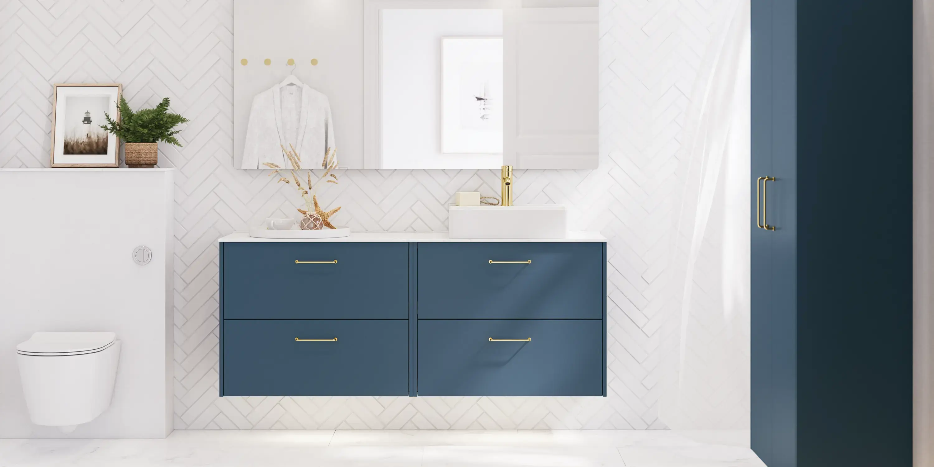Badezimmer Inspiration mit Badezimmerschränken in moderner blauer Farbe, eleganter Aufsatzwaschbecken und großem quadratischem Spiegel mit Licht, weiße Fischgrätfliesen sorgen für einen stilvollen und klassischen Look