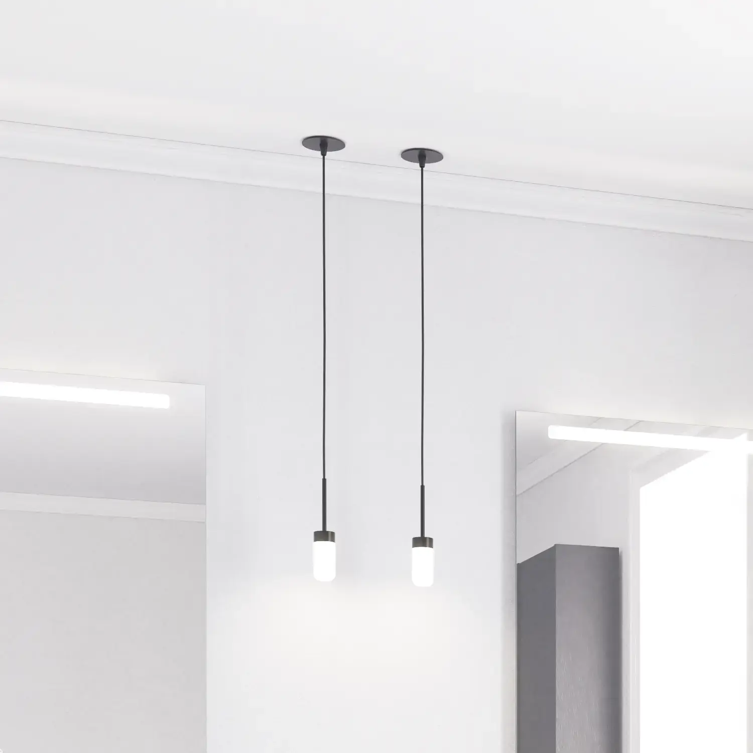 Große Badezimmerinspiration mit Badezimmermöbeln aus schwarzer Eiche mit eleganten Rillen, stilvollem Doppelwaschbecken, quadratischen Spiegeln und weißen Fliesen mit geometrischem Muster verleihen ein helles, symmetrisches und klassisches Aussehen.