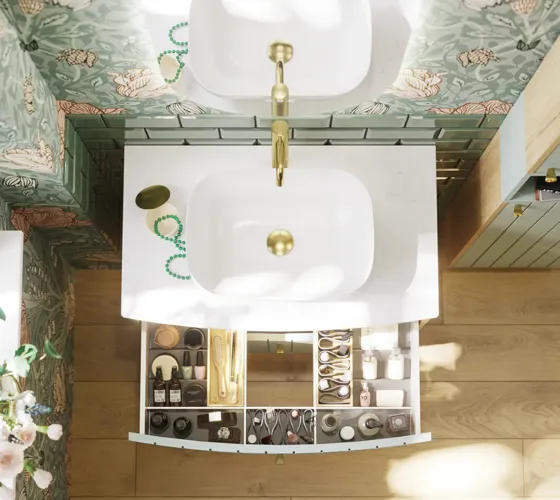 Badezimmerinspiration mit grünen Möbeln in Sonderfarbe mit Seiten aus naturbelassener Eiche, eleganten Rillen, stilvoller Arbeitsplatte mit ovalem Aufsatzwaschbecken, schönem ovalem Spiegel und Blumenmuster-Tapete für ein anmutiges, Retro-Aussehen.