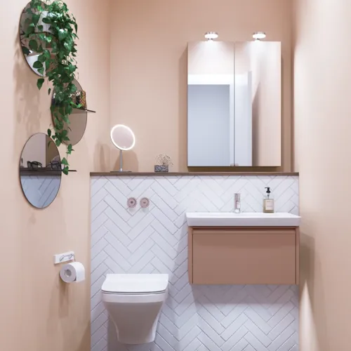 Kleine Badezimmerinspiration mit Waschbeckenunterschrank in Sonderfarbe mit integriertem Griff, Spiegelschrank mit Lampen, Dekorationsspiegel mit getöntem Glasregal, weiße Fischgrätfliesen für ein stilvolles und klassisches Aussehen.