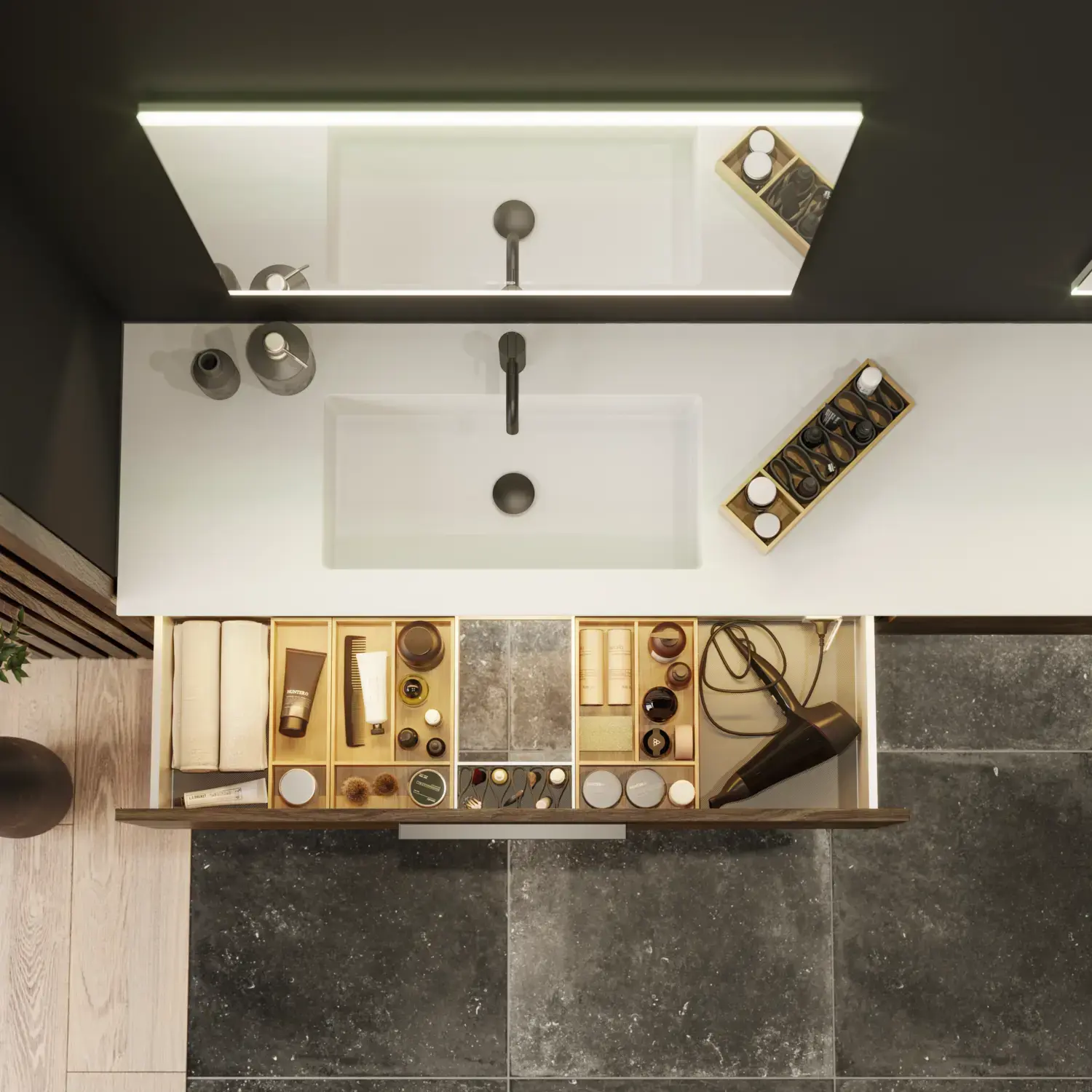 Große Badezimmer-Inspiration mit Waschtischunterschränken und braunen Eichendielen, freistehender Badewanne, und quadratischen Spiegeln mit Beleuchtung, elegante Doppelwaschbecken sorgt für einen modernen und symmetrischen Look