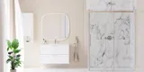 Inspiration für ein großes Badezimmer mit großer luxuriöser begehbarer Dusche mit Schiebetür, weißen Badezimmermöbeln, großen modernen Fliesen und langen Vorhängen für einen klassischen und romantischen Look