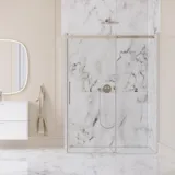 Inspiration für ein großes Badezimmer mit großer luxuriöser begehbarer Dusche mit Schiebetür, weißen Badezimmermöbeln, großen modernen Fliesen und langen Vorhängen für einen klassischen und romantischen Look
