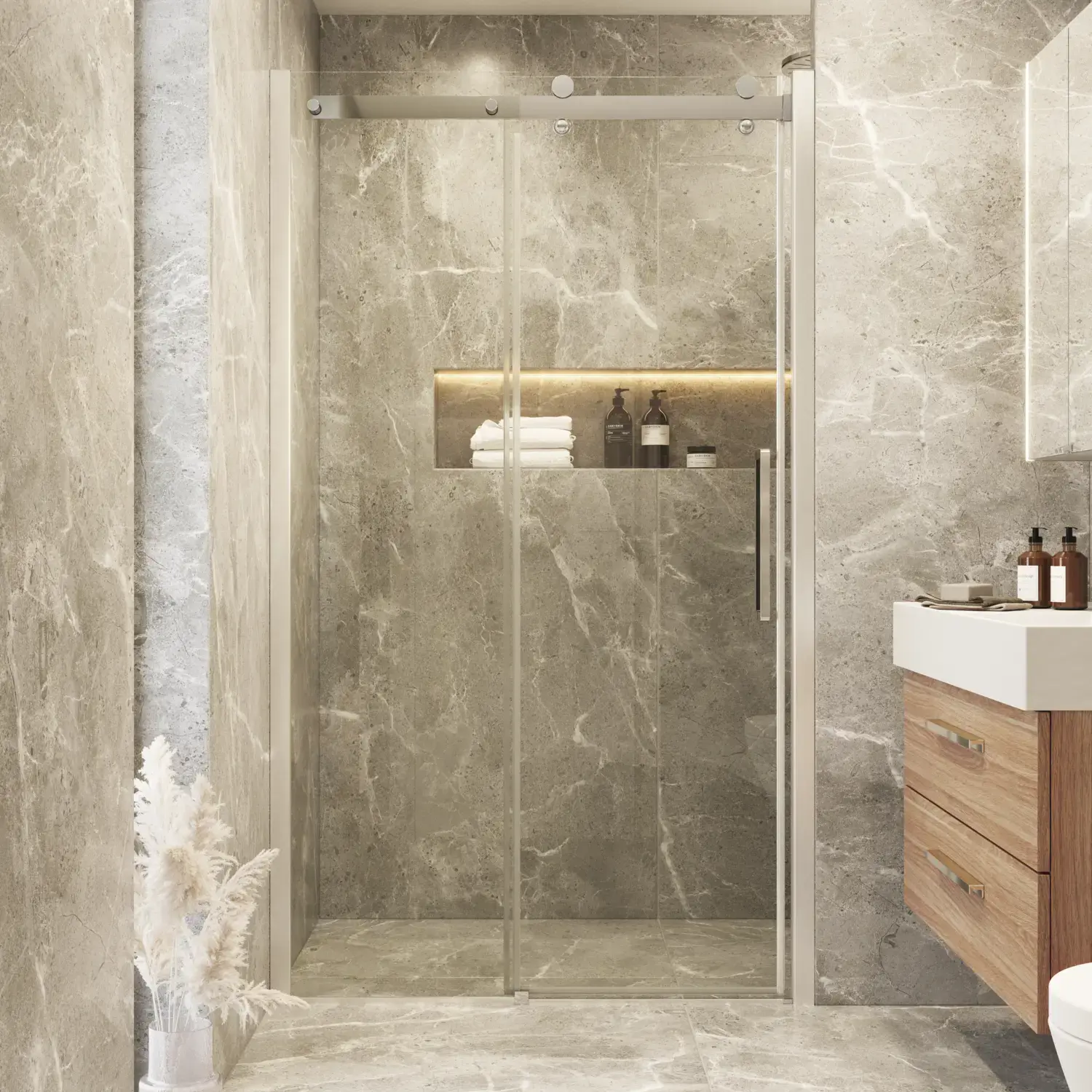 Inspiration für ein Badezimmer mit einer Duschabtrennung mit Schiebetüren für einen eleganten und luxuriösen Look in Ihrem Badezimmer