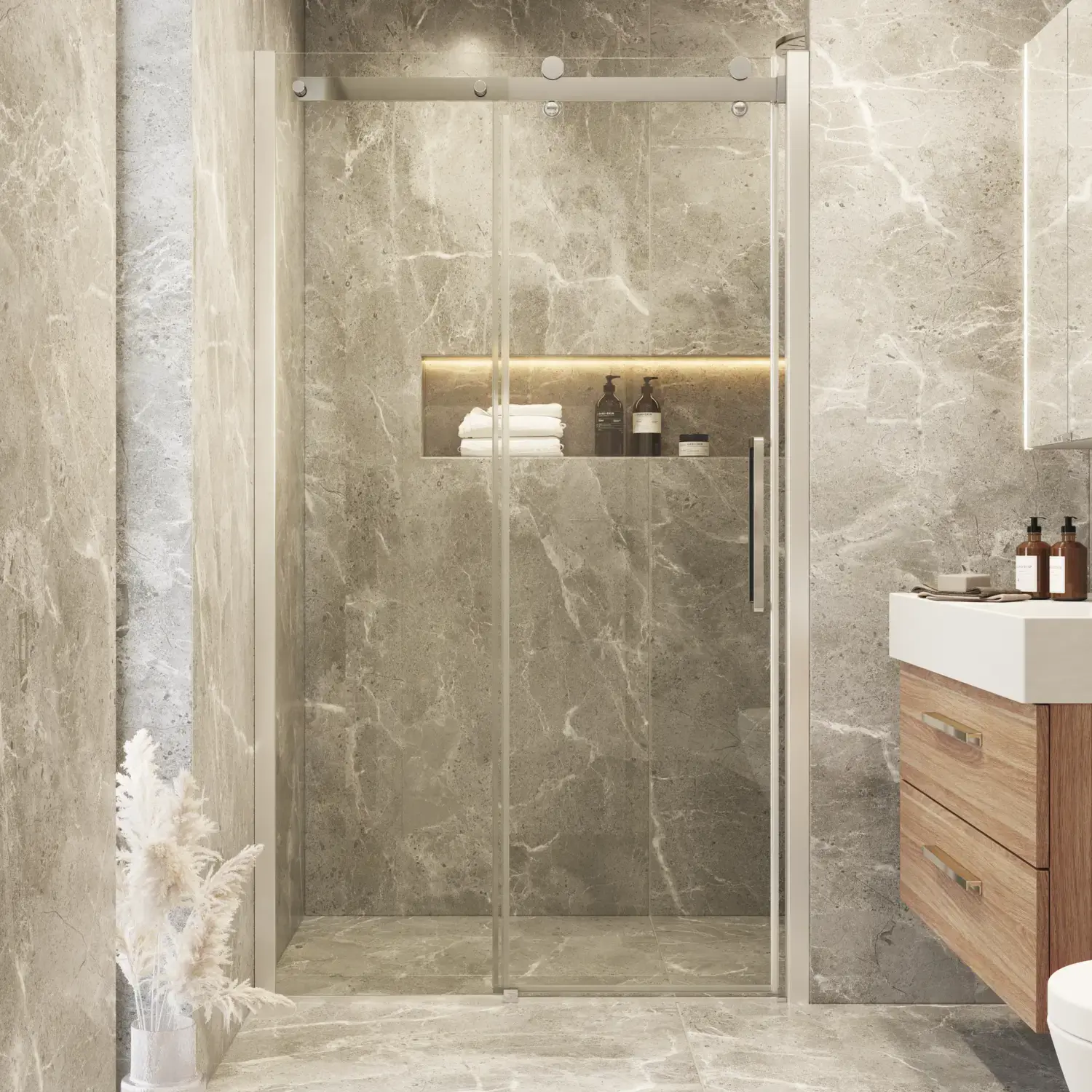 Inspiration für ein Badezimmer mit einer Duschabtrennung mit Schiebetüren für einen eleganten und luxuriösen Look in Ihrem Badezimmer