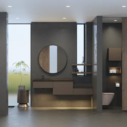 Stilvolle und geräumige Badezimmer Inspiration mit großem rundem Spiegel mit schwarzem Rahmen, dunklem Steinwaschbecken, farbigem WC, Oberschrank und offenem Regal in einem raffinierten und gedämpften Design