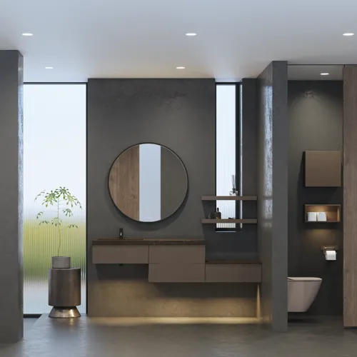 Stilvolle und geräumige Badezimmer Inspiration mit großem rundem Spiegel mit schwarzem Rahmen, dunklem Steinwaschbecken, farbigem WC, Oberschrank und offenem Regal in einem raffinierten und gedämpften Design