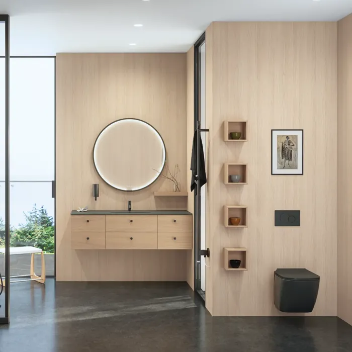 Stilvolles Badezimmer im skandinavischen und Japandi-Stil mit hellen Holzwänden, rundem Spiegel und minimalistischen Badezimmermöbeln