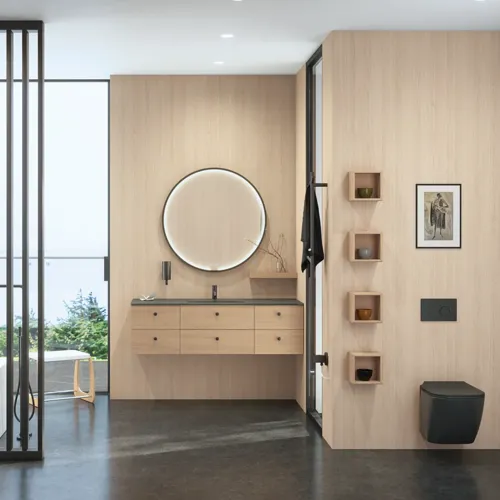 Stilvolles Badezimmer im skandinavischen und Japandi-Stil mit hellen Holzwänden, rundem Spiegel und minimalistischen Badezimmermöbeln