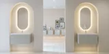 Stilvolle und moderne Badezimmer Inspiration mit ovalen Spiegeln mit Lichtsteuerung, Steinwaschbecken und Waschtischunterschränken mit eleganten Rillen in einem minimalistischen Design, helle und luftige Atmosphäre, elegante Beleuchtung