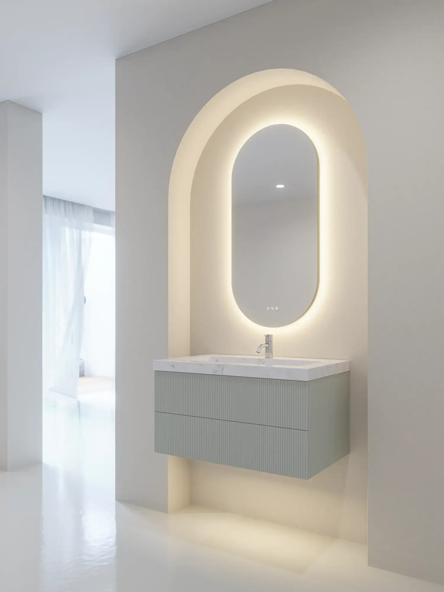 Stilvolle und moderne Badezimmer Inspiration mit ovalen Spiegeln mit Lichtsteuerung, Steinwaschbecken und Waschtischunterschränken mit eleganten Rillen in einem minimalistischen Design, helle und luftige Atmosphäre, elegante Beleuchtung