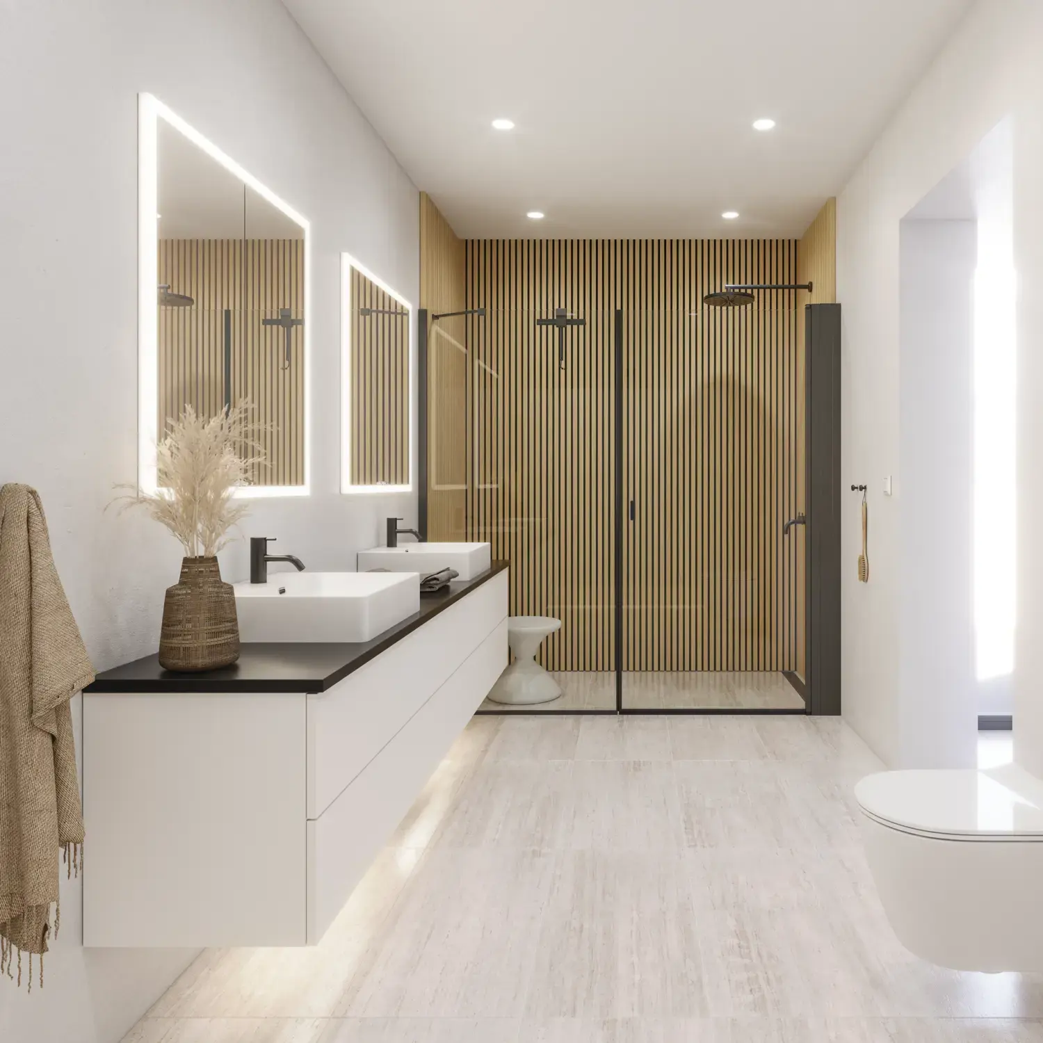 Großes Badezimmer im modernen und minimalistischen Stil mit weißen Möbeln, schwarzer Arbeitsplatte, quadratischen Waschbecken, Spiegelschränken mit Licht, Walk-in-Dusche