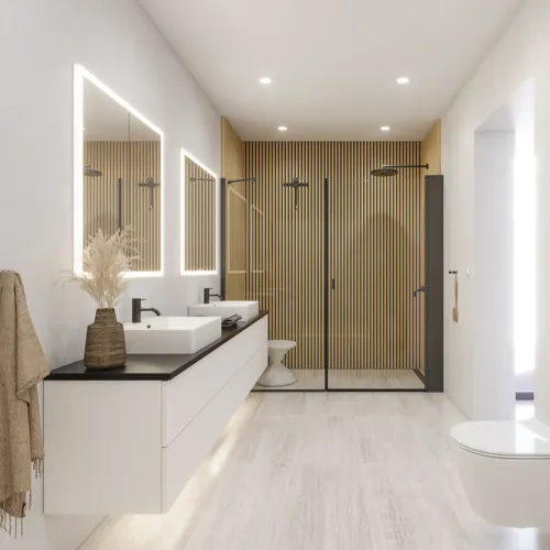 Großes Badezimmer im modernen und minimalistischen Stil mit weißen Möbeln, schwarzer Arbeitsplatte, quadratischen Waschbecken, Spiegelschränken mit Licht, Walk-in-Dusche
