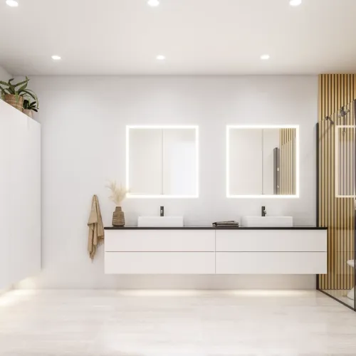 Großes Badezimmer im modernen und minimalistischen Stil mit weißen Möbeln, schwarzer Arbeitsplatte, quadratischen Waschbecken, Spiegelschränken mit Licht, Walk-in-Dusche