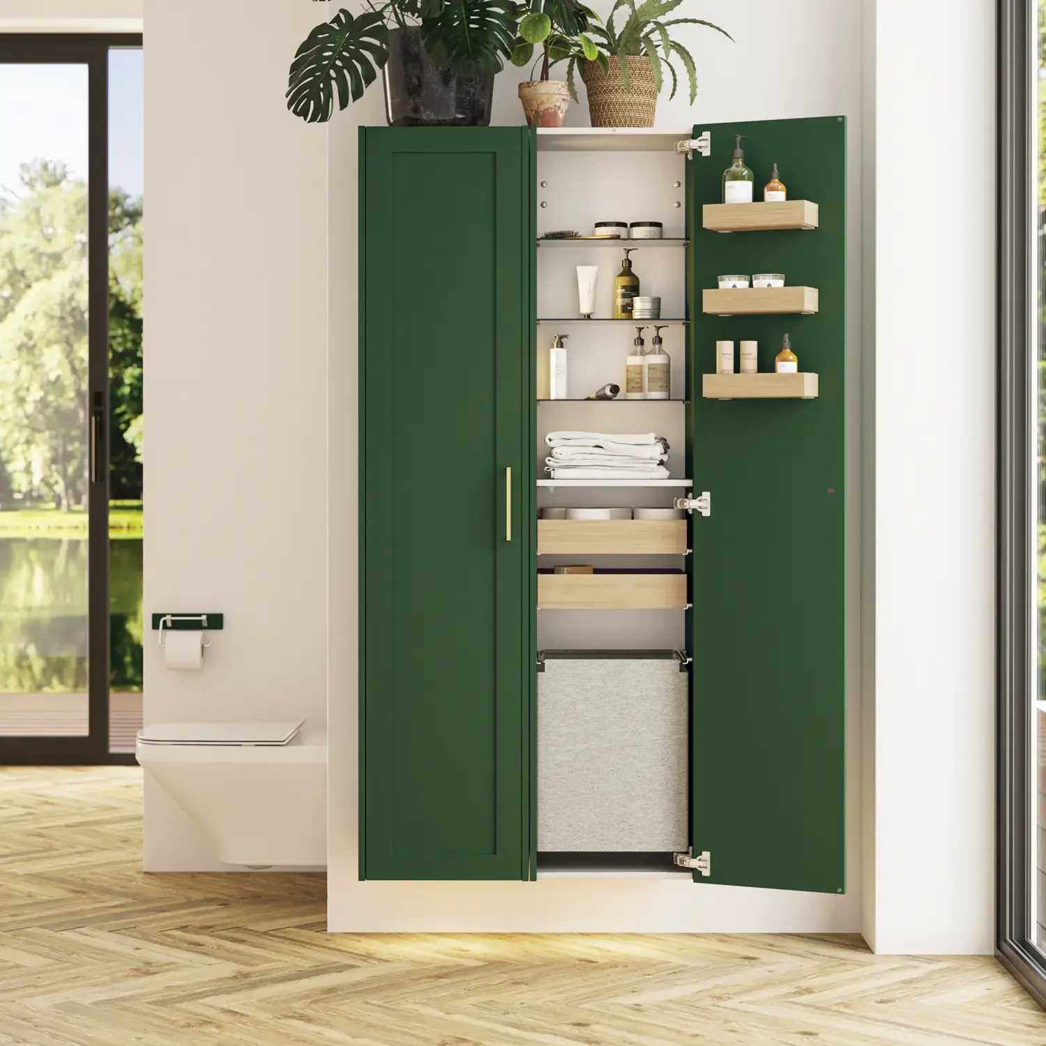 Großes Badezimmer in Grüntönen mit Waschtischunterschrank, ovalem Spiegel mit Goldverzierung und schönen Rahmentüren