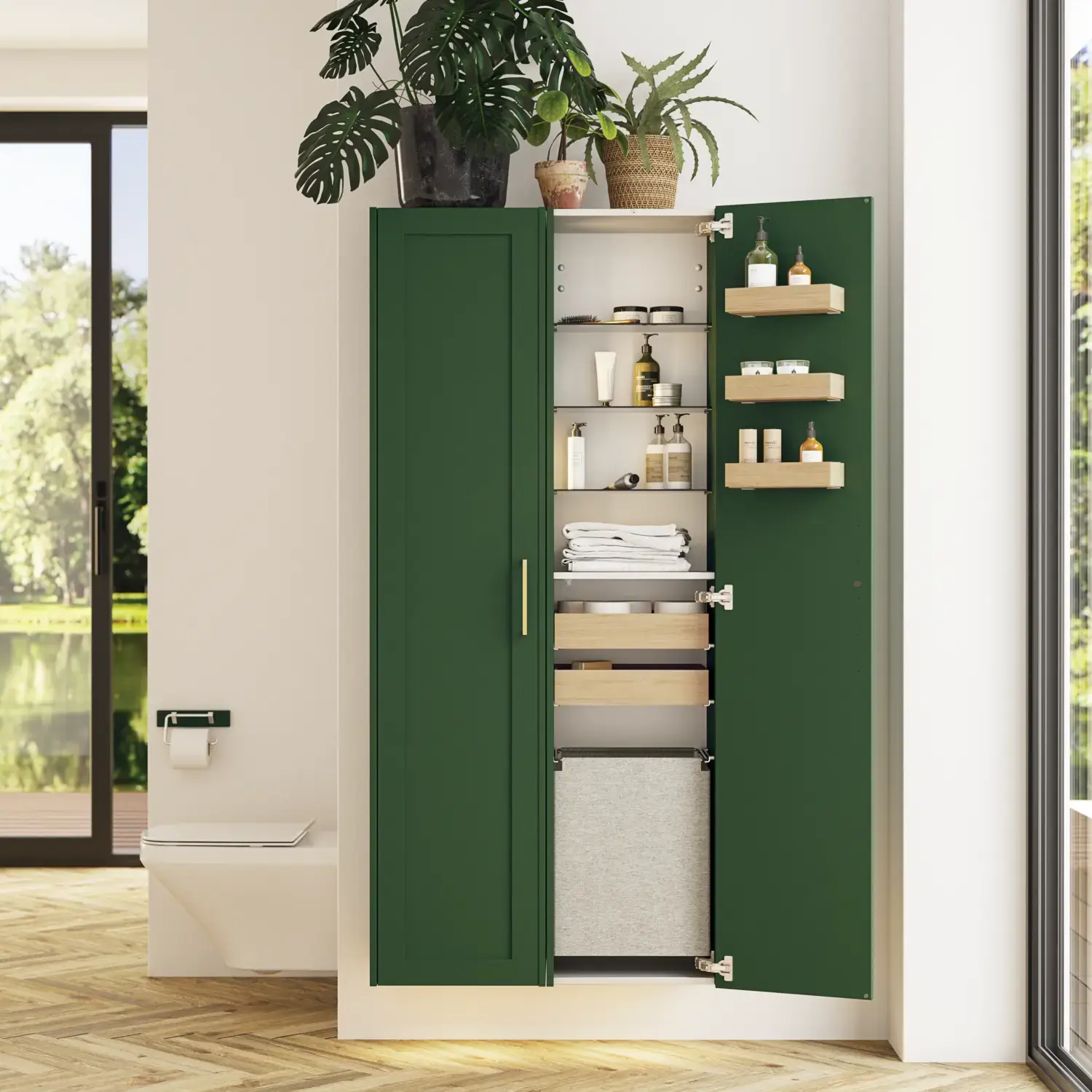 Großes Badezimmer in Grüntönen mit Waschtischunterschrank, ovalem Spiegel mit Goldverzierung und schönen Rahmentüren