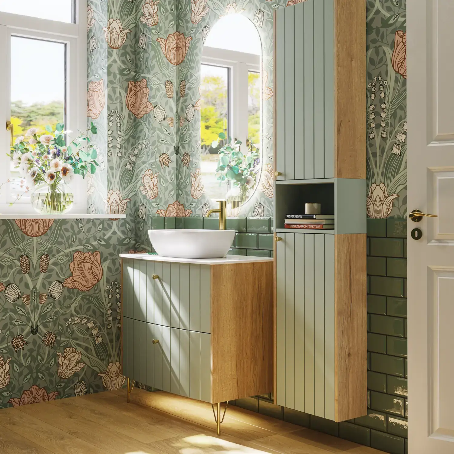 Badezimmerinspiration mit grünen Möbeln in Sonderfarbe mit Seiten aus naturbelassener Eiche, eleganten Rillen, stilvoller Arbeitsplatte mit ovalem Aufsatzwaschbecken, schönem ovalem Spiegel und Blumenmuster-Tapete für ein anmutiges, Retro-Aussehen.
