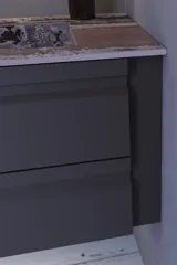 Inspiration für ein großes Badezimmer mit grauem Waschtischunterschrank mit integriertem Griff, stilvollem, seitlich montiertem Waschbecken, quadratischem Spiegel mit abgerundeten Ecken, Wänden in Betonoptik und rohen Materialien für einen urbanen Look