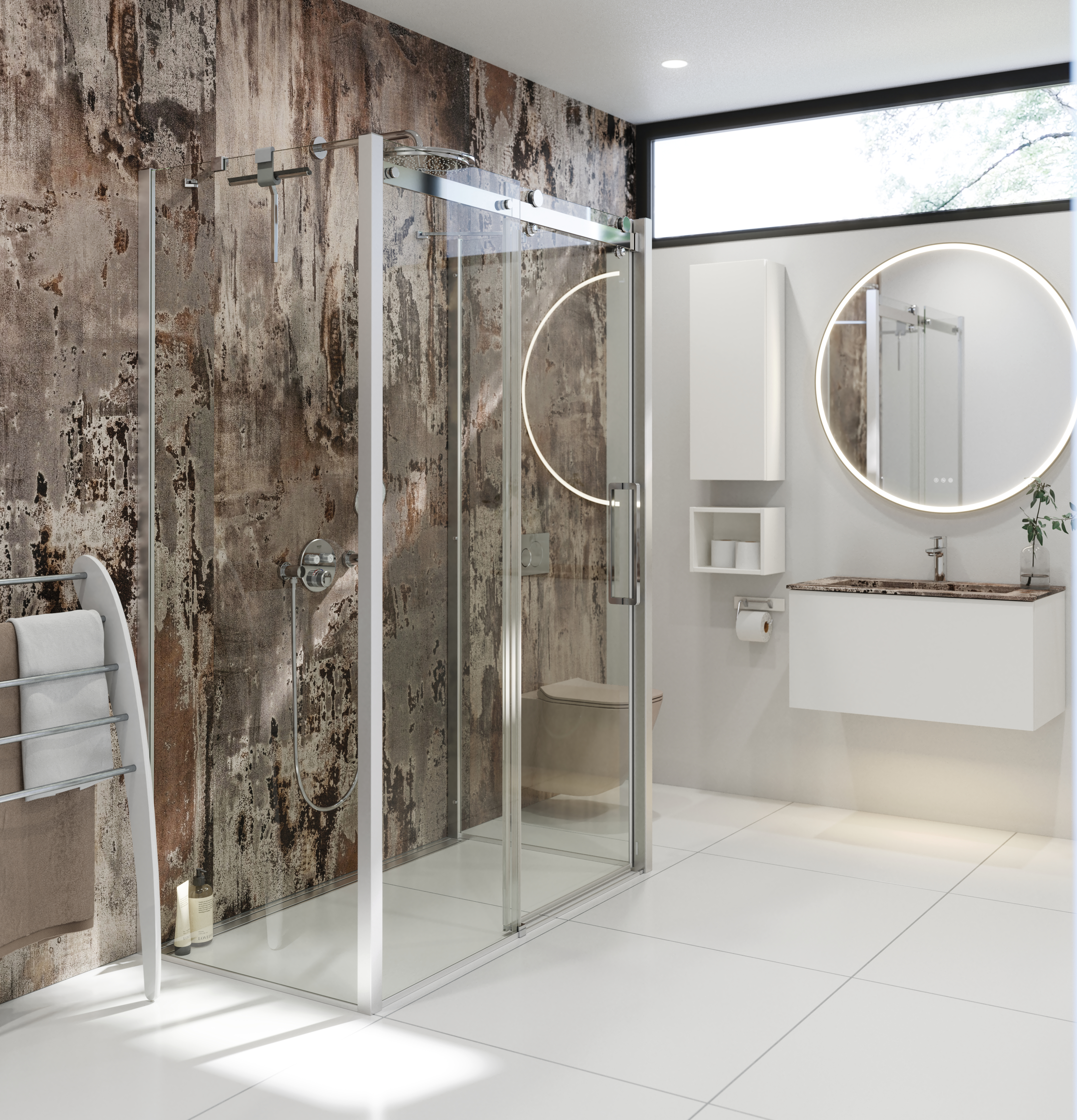 Inspiration für ein Badezimmer mit einer luxuriösen Duschkabine mit Schiebetür, weißen Badezimmermöbeln und einer Wand im Rohbau-Look, die dem Badezimmer einen rauen und urbanen Charakter verleiht