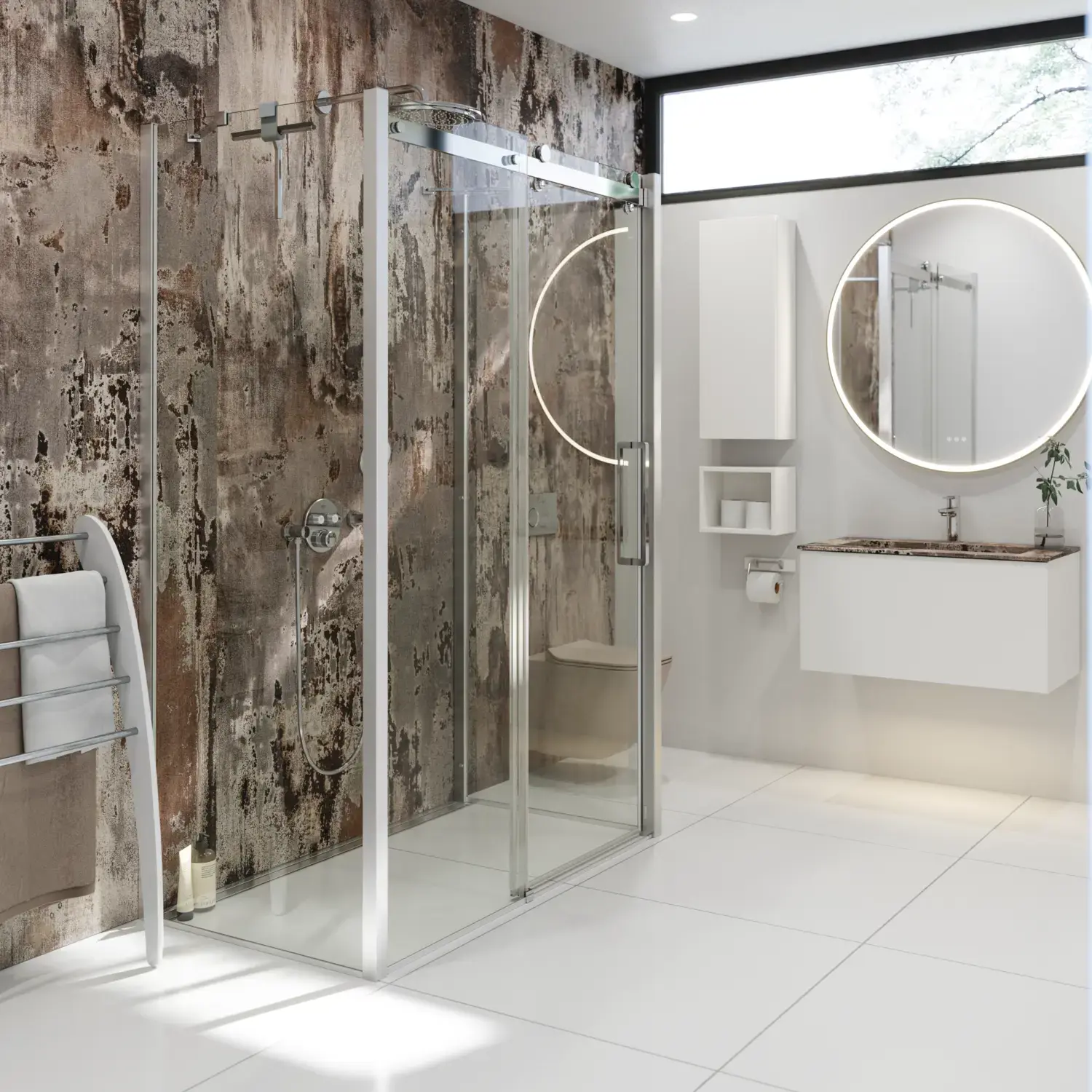 Inspiration für ein Badezimmer mit einer luxuriösen Duschkabine mit Schiebetür, weißen Badezimmermöbeln und einer Wand im Rohbau-Look, die dem Badezimmer einen rauen und urbanen Charakter verleiht