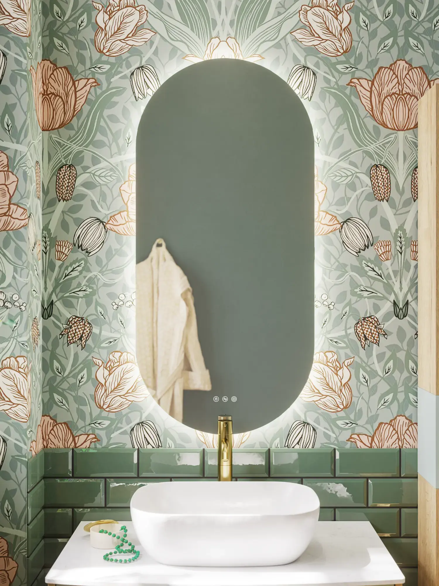 Badezimmerinspiration mit grünen Möbeln in Sonderfarbe mit Seiten aus naturbelassener Eiche, eleganten Rillen, stilvoller Arbeitsplatte mit ovalem Aufsatzwaschbecken, schönem ovalem Spiegel und Blumenmuster-Tapete für ein anmutiges, Retro-Aussehen.
