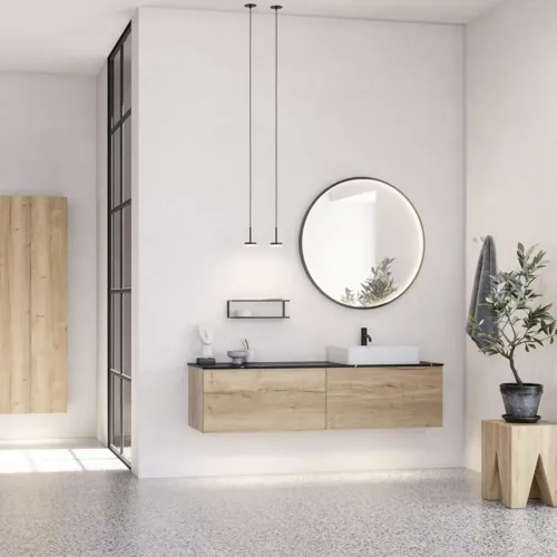Großes urbanes Badezimmer mit Möbeln aus Eichenholz, Steinplatte mit quadratischem Becken, rundem Spiegel mit schwarzem Rand, Naturfarben und Terrakottaboden für einen industriellen und modernen Look