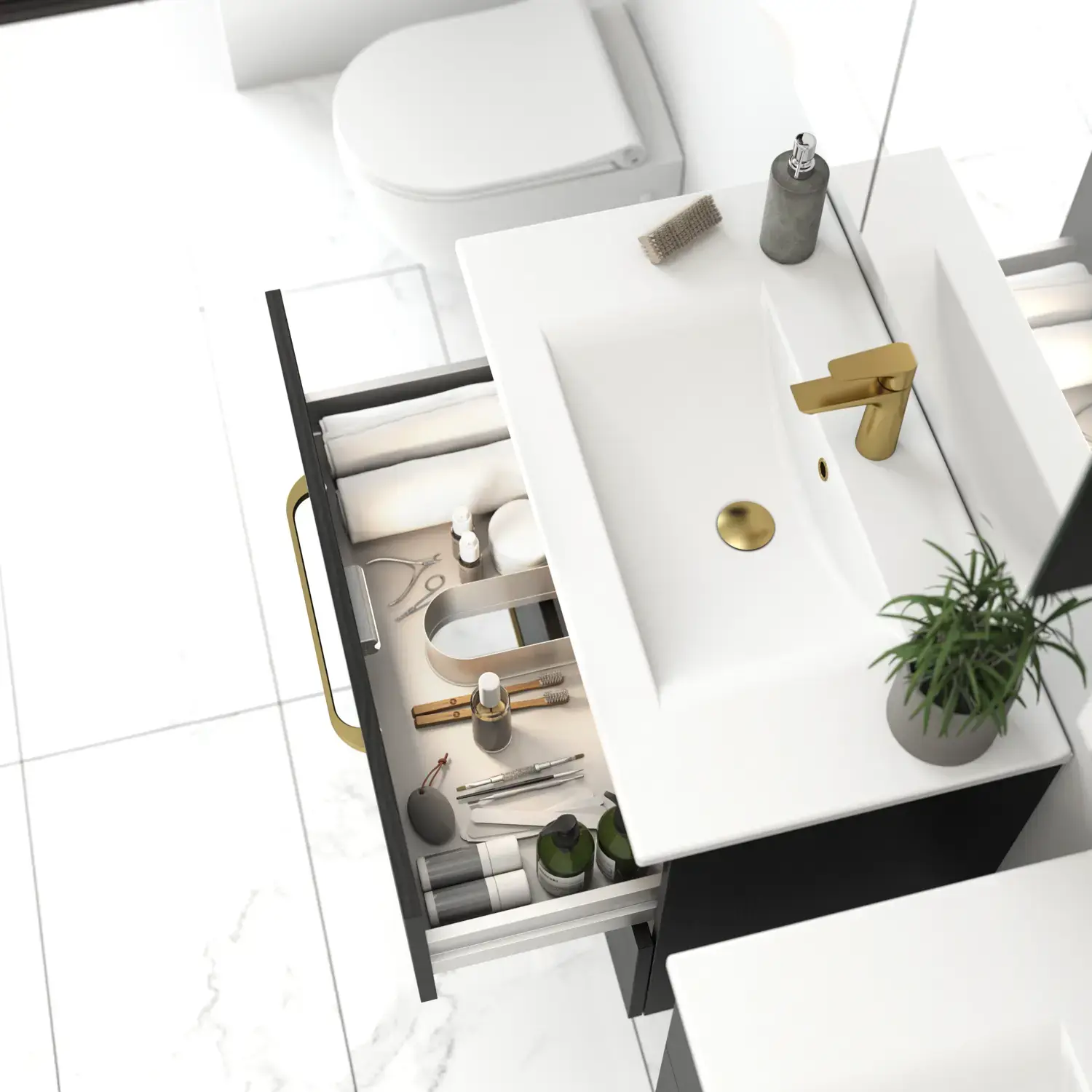 Inspiration für ein Badezimmer mit einem eleganten Waschbecken und einer eleganten Unterschrankschublade mit Dekor, großen weißen Fliesen für einen hellen und minimalistischen Look.