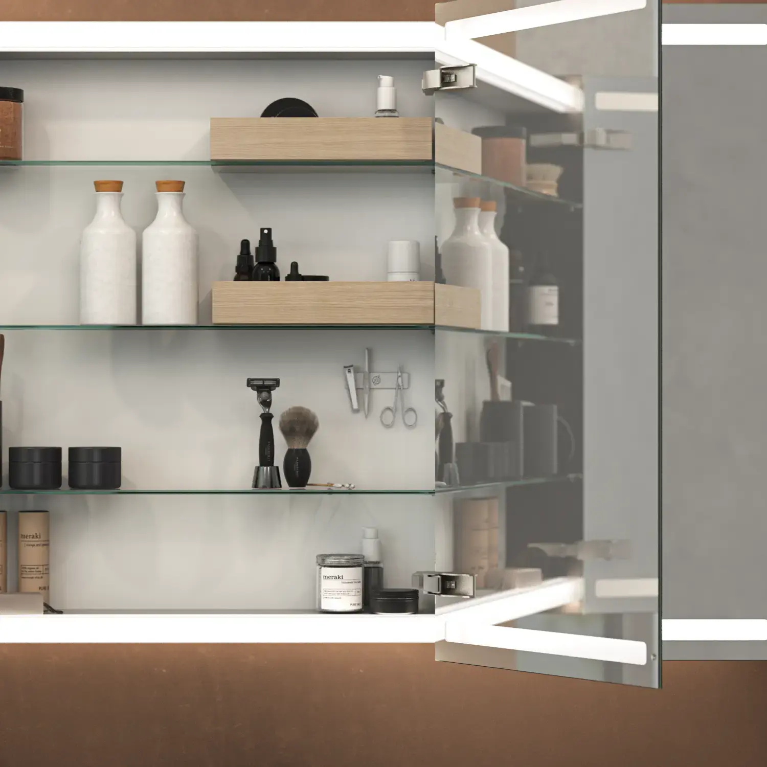 Großes, elegantes Badezimmer mit dunklen Farben, stilvollem Spiegelschrank mit integrierter Beleuchtung und luxuriöser Steinplatte.