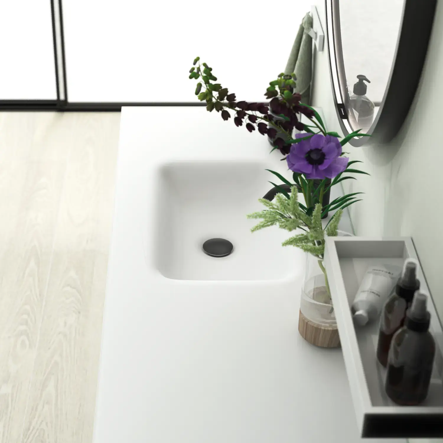 Großes und helles Badezimmer im minimalistischen Stil mit sanften Pastellfarben und eleganten grünen Nuancen, stilvollem runden Spiegel und moderner Einrichtung.