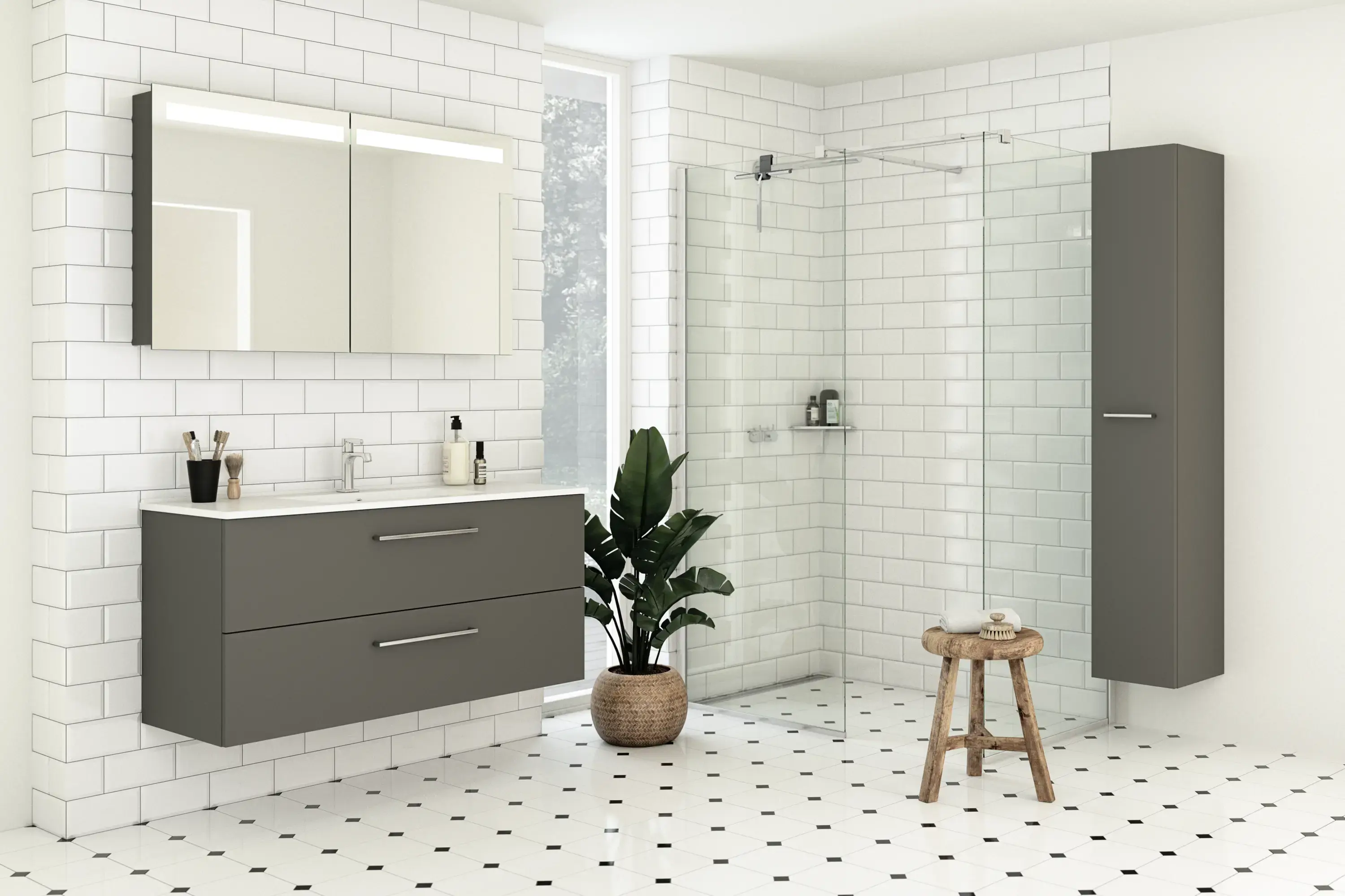Große Badinspiration mit Badmöbeln in grau matt mit elegantem Waschbecken, schönem Spiegelschrank mit integrierter Beleuchtung, begehbarer Dusche, weißen Fliesen mit schwarzem Muster für einen klassischen Look.
