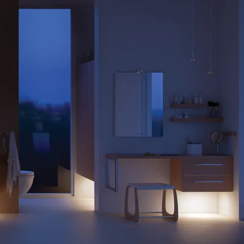 Modernes Badezimmer im nordischen Stil mit hellem Holz, eleganter Beleuchtung, Spiegelschrankwand und stilvoller Einrichtung, die eine warme und einladende Atmosphäre schafft.