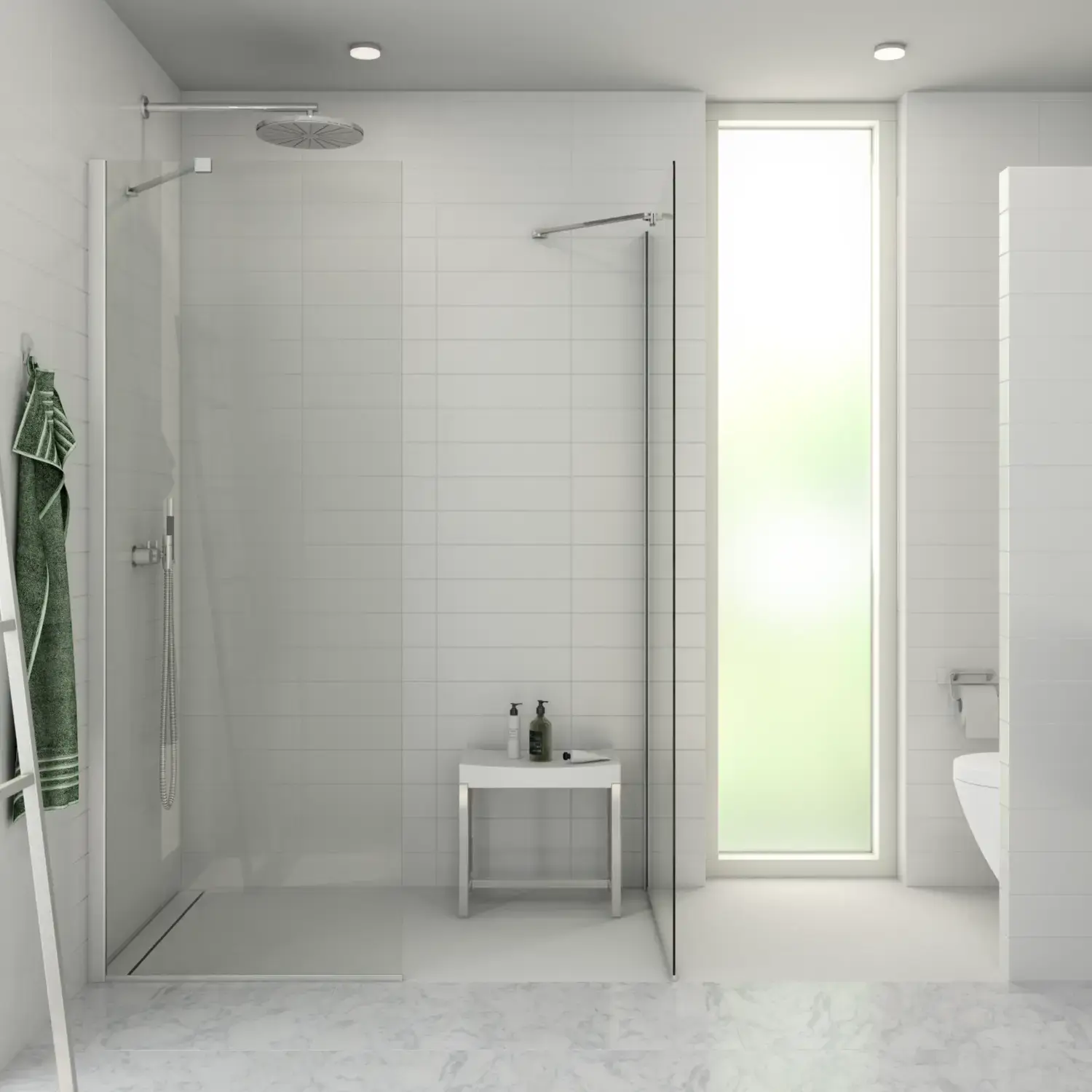 Inspiration für ein großes Badezimmer mit ebenerdiger Dusche mit festen Duschwänden aus Klarglas und Profilen aus Satin, die zusammen mit großen weißen Fliesen für einen hellen und minimalistischen Look sorgen.