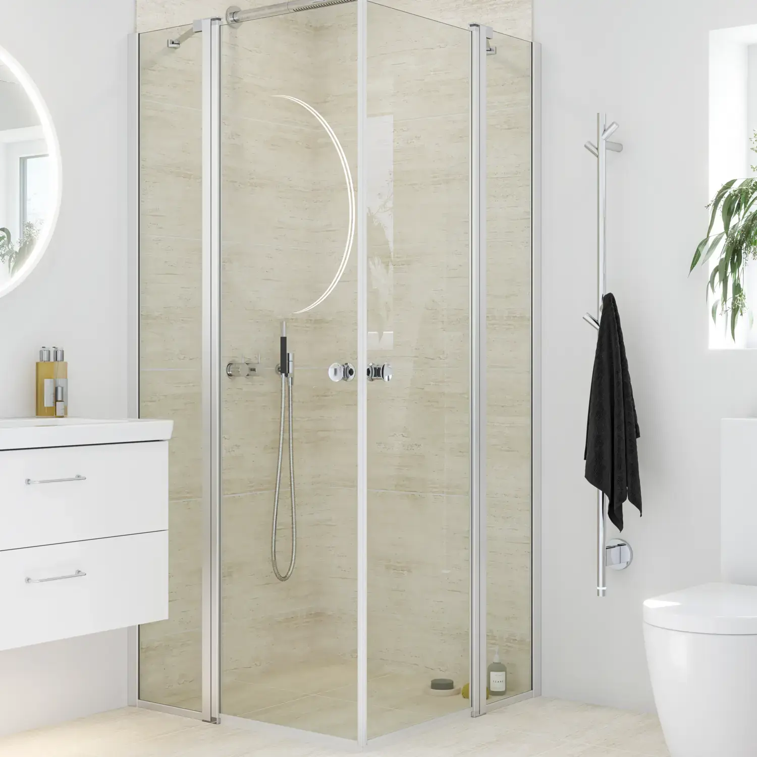 Badezimmerinspiration mit Duschwand mit festen Duschwänden mit Schwingtüren aus Klarglas und Profilen aus Satin, eleganter elektrischer Handtuchtrockner, der mit weißen Wänden und hellen Böden ein helles und modernes Aussehen verleiht.