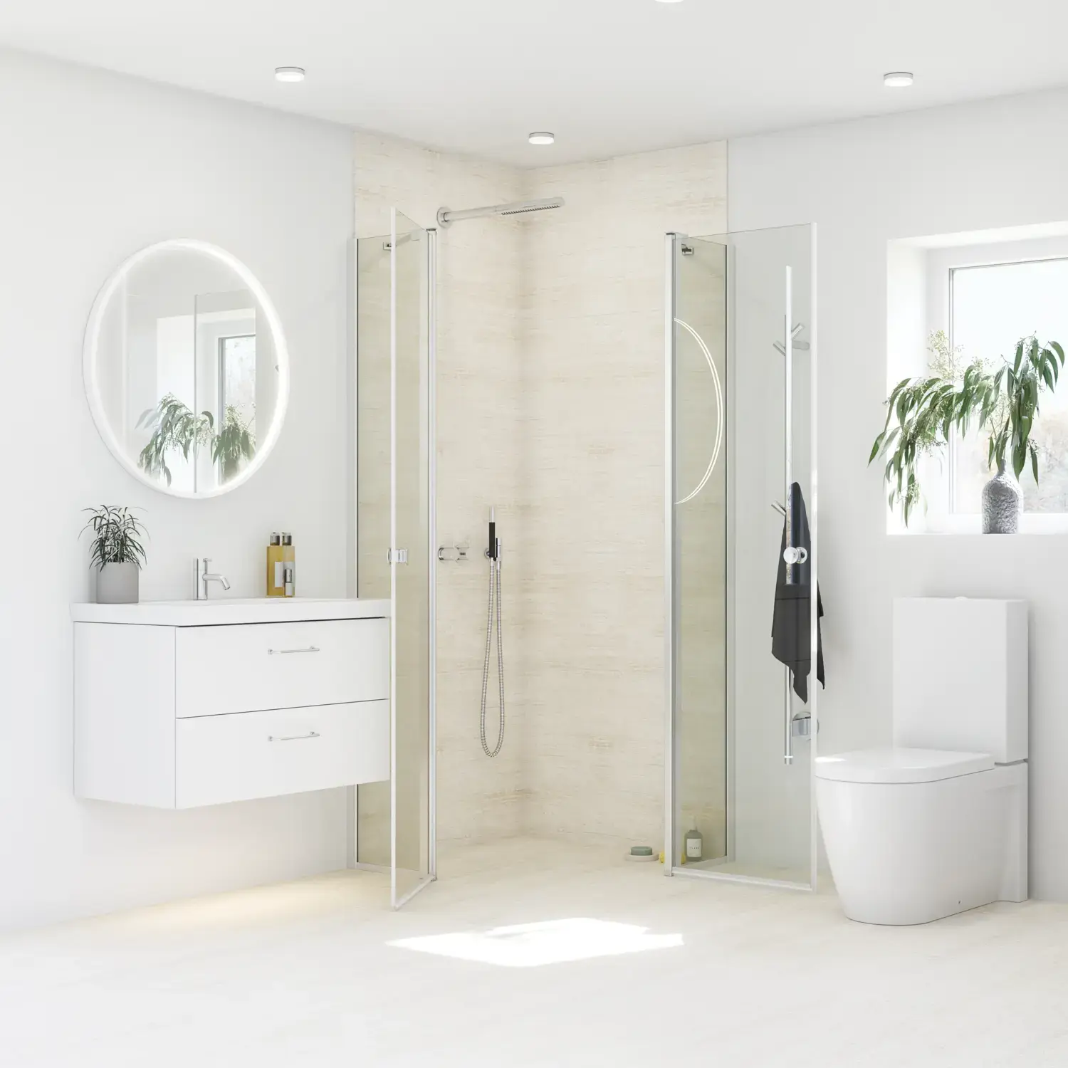 Badezimmerinspiration mit Duschwand mit festen Duschwänden mit Schwingtüren aus Klarglas und Profilen aus Satin, eleganter elektrischer Handtuchtrockner, der mit weißen Wänden und hellen Böden ein helles und modernes Aussehen verleiht.