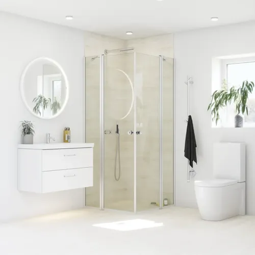 Badezimmerinspiration mit Duschwand mit festen Duschwänden mit Schwingtüren aus Klarglas und Profilen aus Satin, eleganter elektrischer Handtuchtrockner, der mit weißen Wänden und hellen Böden ein helles und modernes Aussehen verleiht.