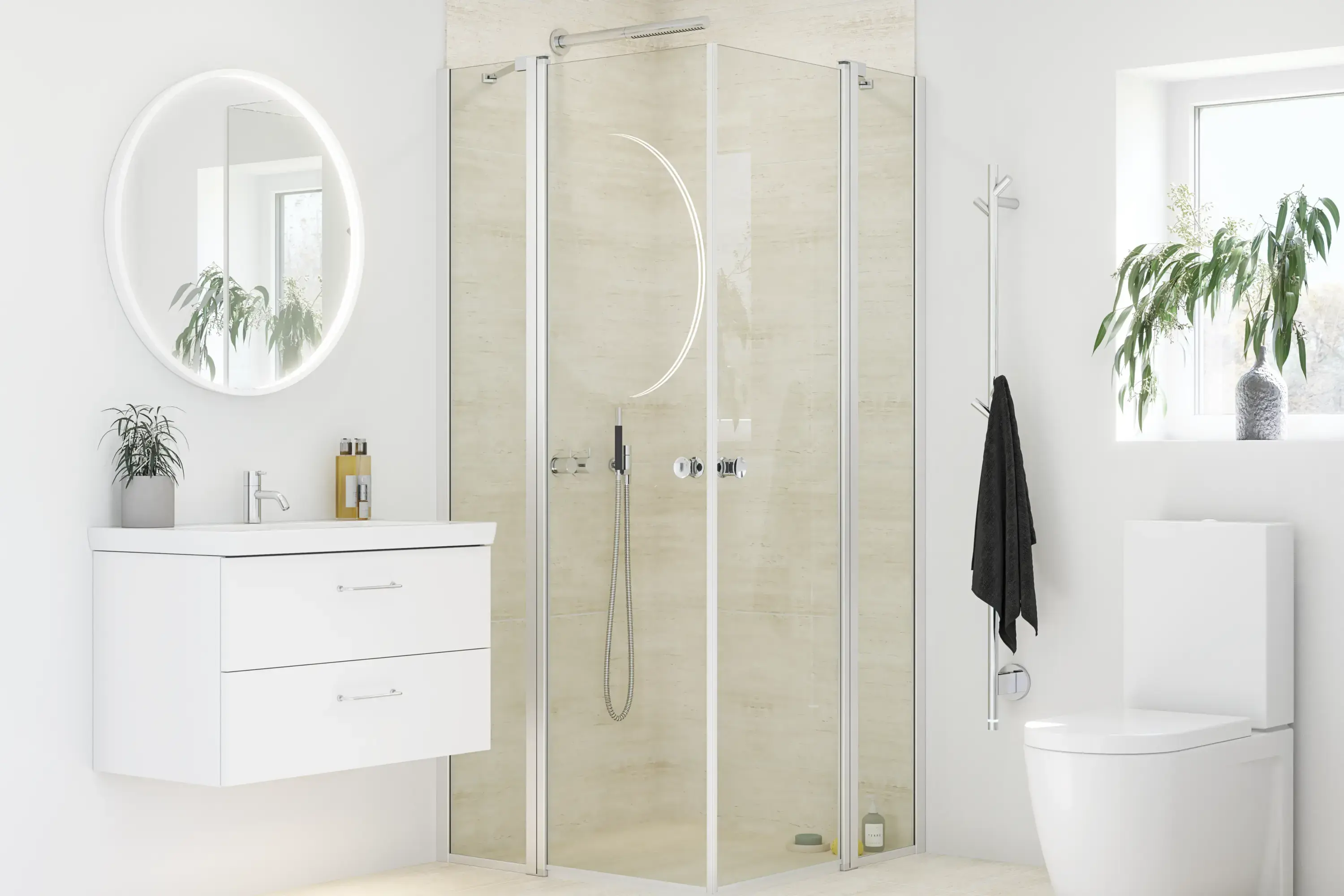 Badezimmerinspiration mit Duschwand mit festen Duschwänden mit Schwingtüren aus Klarglas und Profilen aus Satin, eleganter elektrischer Handtuchtrockner, der mit weißen Wänden und hellen Böden ein helles und modernes Aussehen verleiht.