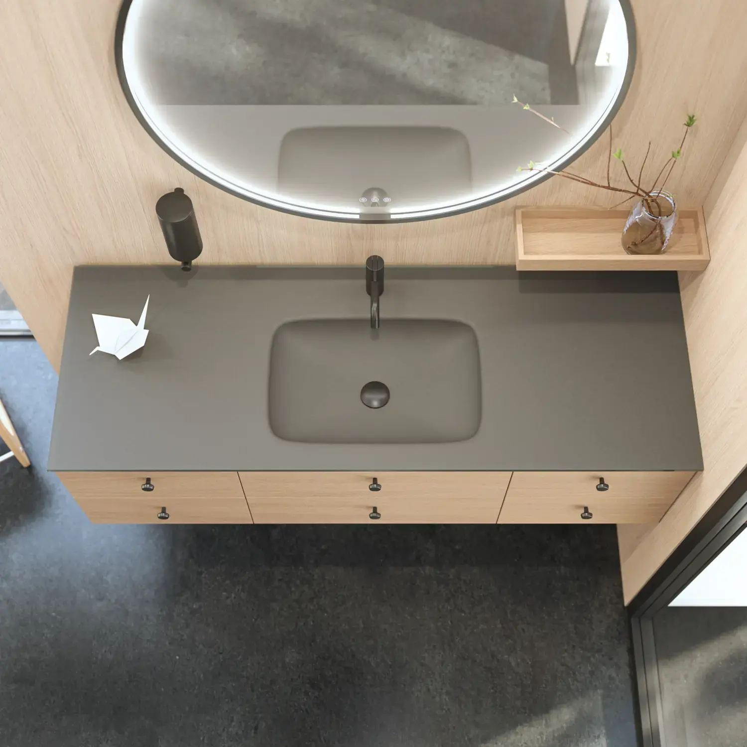 Stilvolles Badezimmer im skandinavischen und Japandi-Stil mit hellen Holzwänden, rundem Spiegel und minimalistischen Badezimmermöbeln.