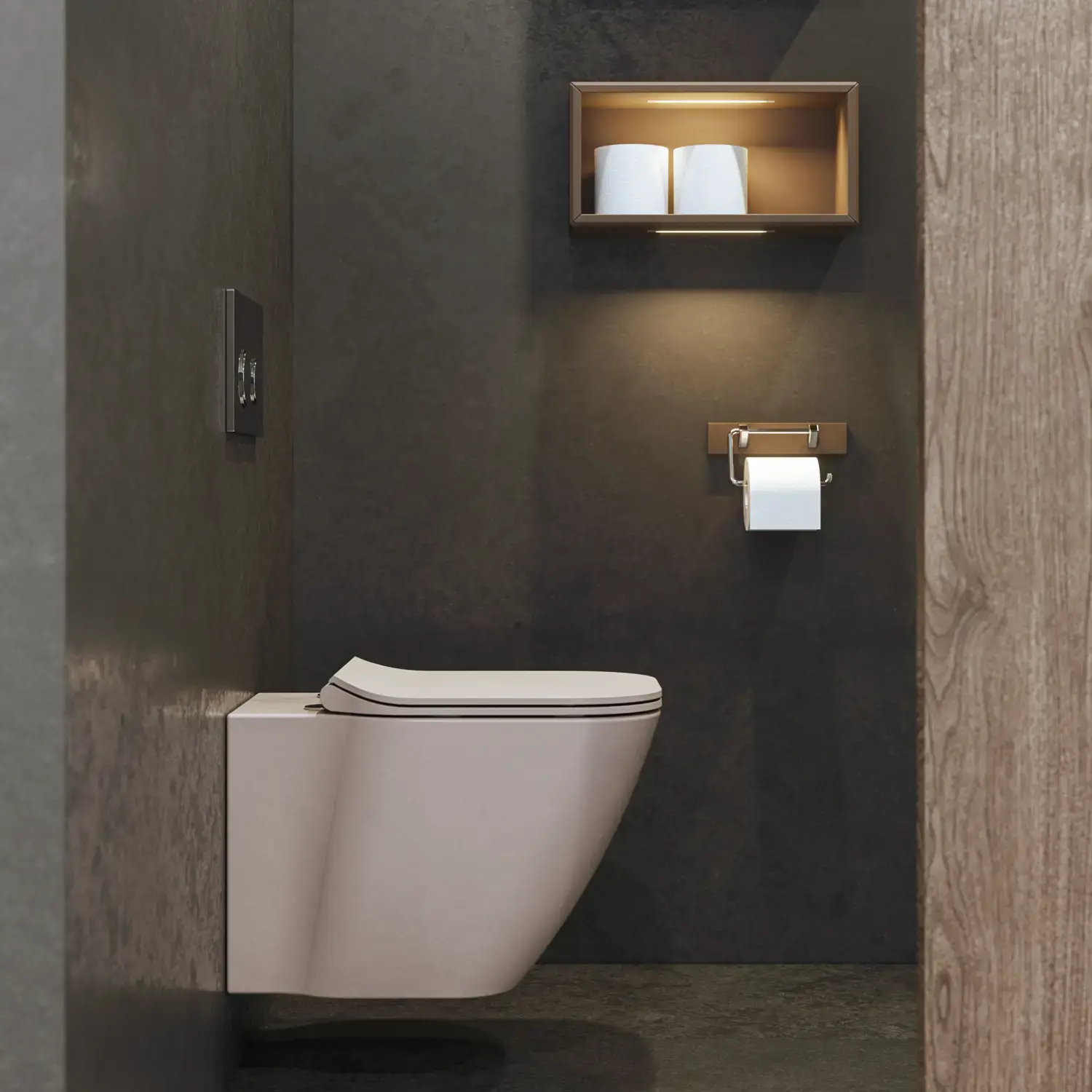 Stilvolle und geräumige Badezimmer Inspiration mit großem rundem Spiegel mit schwarzem Rahmen, dunklem Steinwaschbecken, farbigem WC, Oberschrank und offenem Regal in einem raffinierten und gedämpften Design.