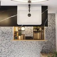 Großes urbanes Badezimmer mit Möbeln aus Eichenholz, Steinplatte mit quadratischem Becken, rundem Spiegel mit schwarzem Rand, Naturfarben und Terrakottaboden für einen industriellen und modernen Look